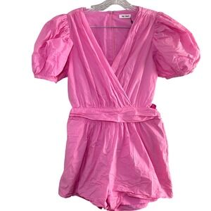 Day + Moon Pink Puff Sleeve Cutout Romper V-Neck Cotton Women's Large preppy